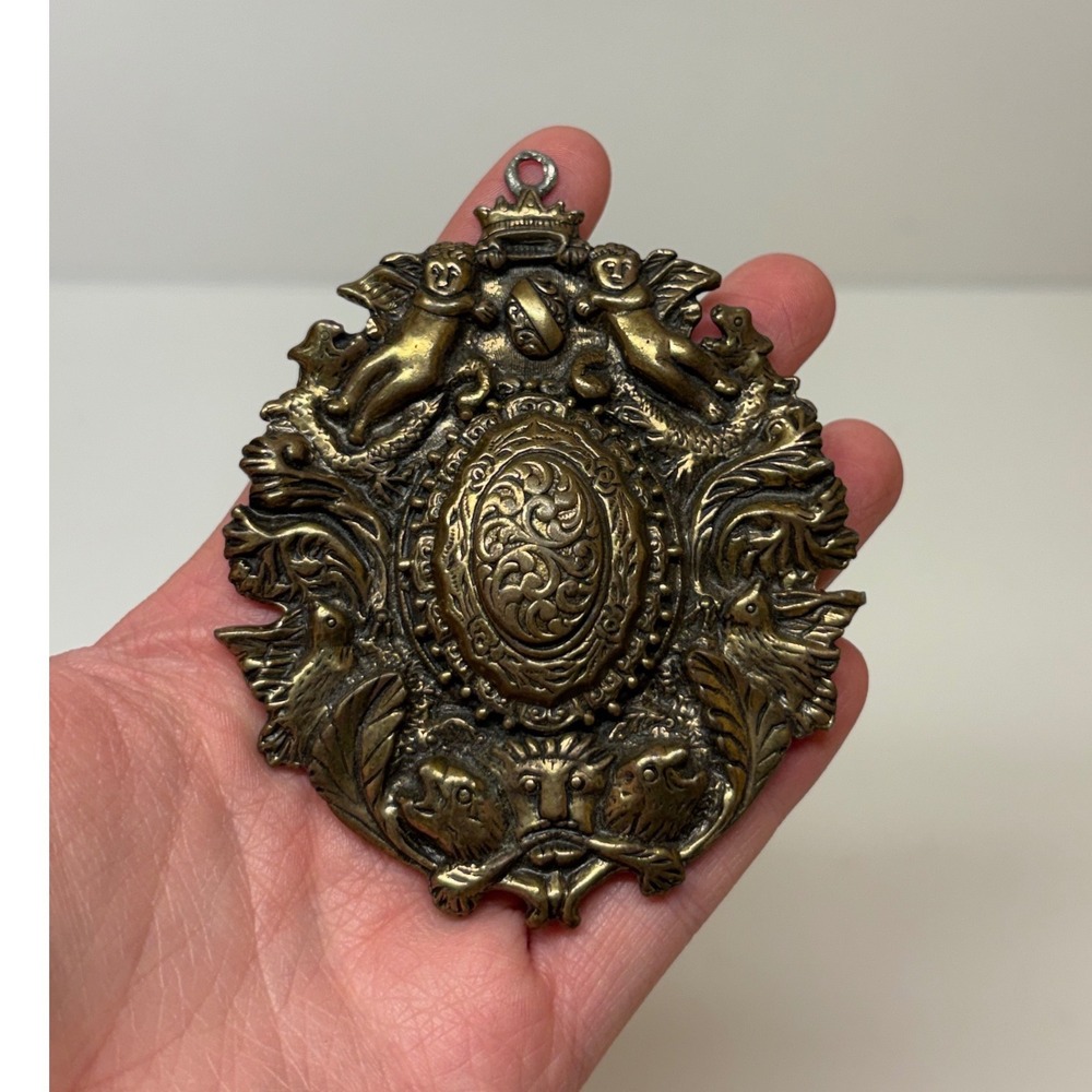 Vintage Ornate Cast Metal Cherub Crown Heraldic Crest Medallion Pendant